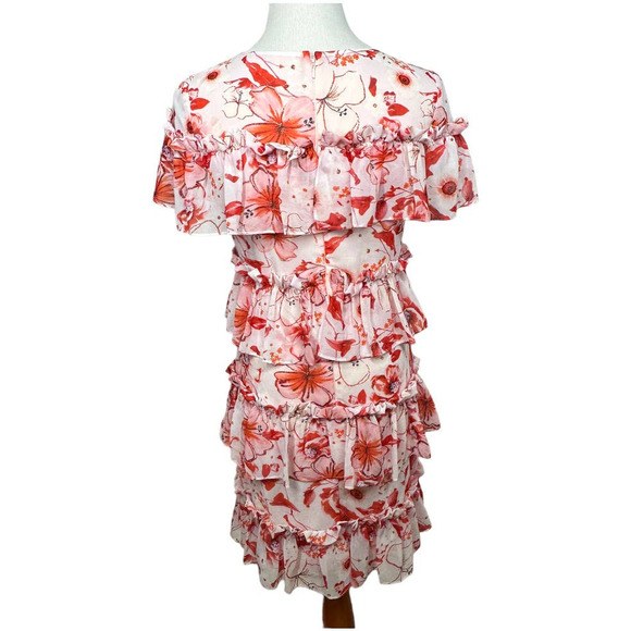 BADGLEY MISCHKA Floral Print Runway Dress SZ 2 Pink Ruffle Tiered Shift Dress - Picture 5 of 11
